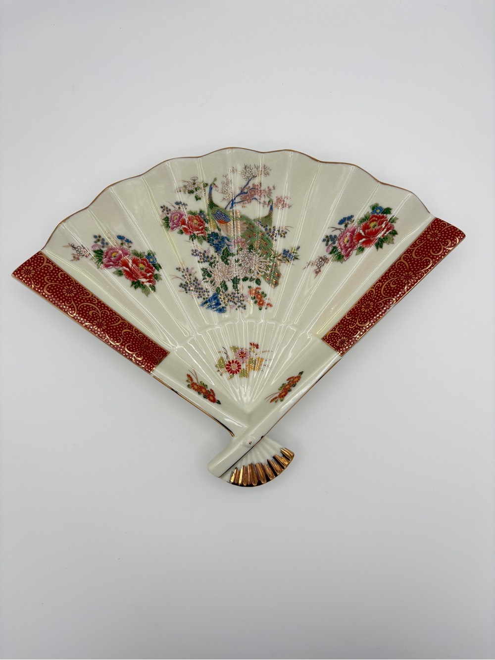 Vintage Satsuma Porcelain Fan Shaped Peacock Floral Trinket Dish Gold Trim Japan